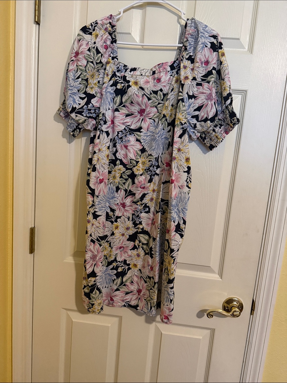 crown & ivy Navy Floral Square-Neck Midi Dress with Pink & Yellow Blooms